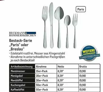 METRO Beckmann & Rommerskirchen Besteck-serie „paris” Oder „breslau” Angebot