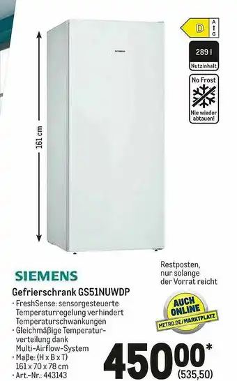 METRO Siemens Gefrierschrank Gs51nuwdp Angebot