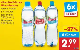 Netto Marken-Discount Vitrex Natürliches Mineralwasser 6x1,5 Liter Angebot