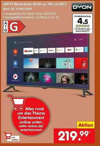 Netto Marken-Discount Dyon Led-tv Movie Smart 42 Ad Angebot