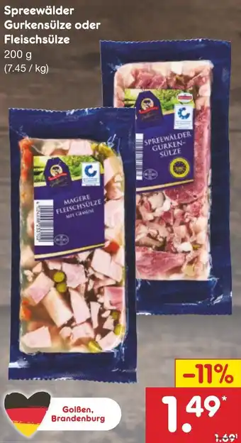 Netto Marken-Discount Spreewälder Gurkensülze oder Fleischsülze 200 g Angebot