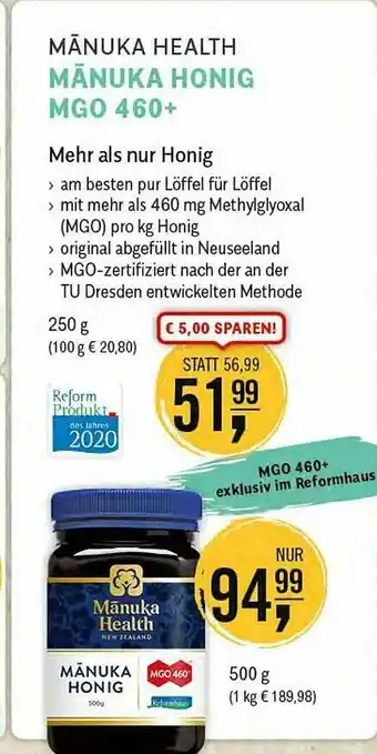 Reformhaus Bacher Mãnuka Health Mãnika Honig Mgo 460+ Angebot