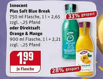 REWE Innocent Plus Saft Blue Break Oder Direktsaft Orange & Mango Angebot