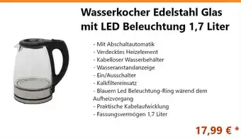 Posten Börse Wasserkocher Edelstahl Glas mit LED Beleuchtung 1,7 Liter Angebot