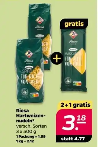 NETTO Riesa Hartweizennudeln versch. Sorten 3 x 500 g Angebot