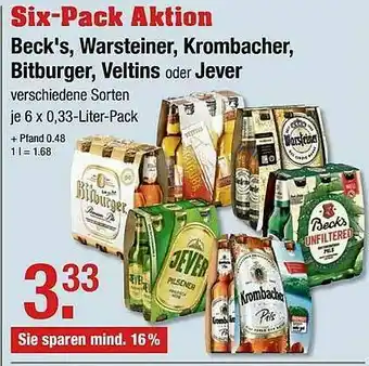 V Markt Six-pack Action Beck's, Warsteiner, Krombacher, Bitburger, Veltins Oder Jever Angebot