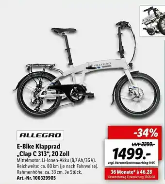 Lidl Allegro E-bike Klapprad „clap C 313” 20 Zoll Angebot