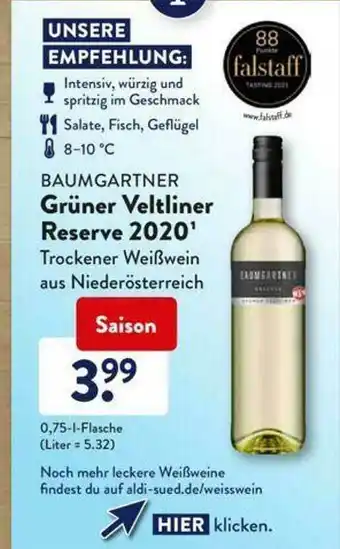 Aldi Süd Baumgartner Grüner Veltliner Reserve 2020 Angebot