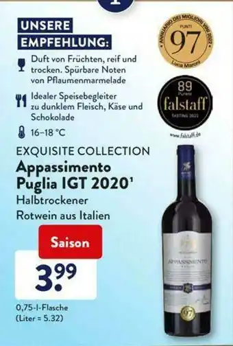 Aldi Süd Exquisite Collection Appassimento Puglia Igt 2020 Halbtrockener Rotwein Aus Italien Angebot