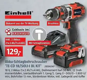 Bauhaus Akku-schlagbohrschrauber 'te-cd 18 50li-i Bl Kit' Einhell Angebot