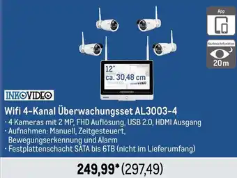 METRO INKOVIDEO Wifi 4-Kanal Überwachungsset AL3003-4 Angebot