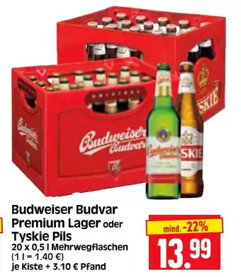 Edeka Herkules Budweiser Budvar Premium Lager oder Tyskie Pils 20 x 0,5 1 Mehrwegflaschen Angebot