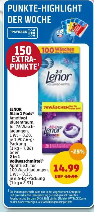 PENNY Lenor all in 1 pods oder 2 in 1 vollwaschmittel Angebot