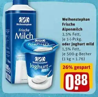 REWE Weihenstephan frische alpenmilch oder joghurt mild Angebot