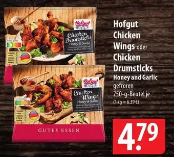 Famila Nord Ost Hofgut Chicken Wings oder Chicken Drumsticks Honey and Garlic gefroren 750-g-Beutel Angebot