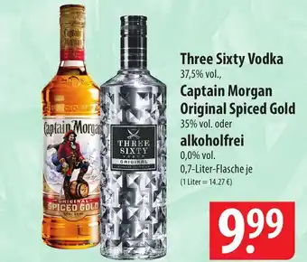 Famila Nord Ost Three Sixty Vodka, Captain Morgan Original Spiced Gold oder alkoholfrei 0,0% vol. 0,7-Liter-Flasche Angebot