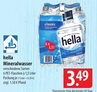 Famila Nord Ost hella Mineralwasser verschiedene Sorten 6 PET-Flaschen à 1,5 Liter Packung Angebot