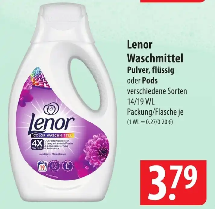 Lenor Waschmittel Pulver, flüssig oder Pods verschiedene Sorten 14/19 WL Packung/Flasche Angebot