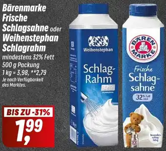 Simmel Bärenmarke Frische Schlagsahne oder Weihenstephan Schlagrahm 500 g Packung Angebot