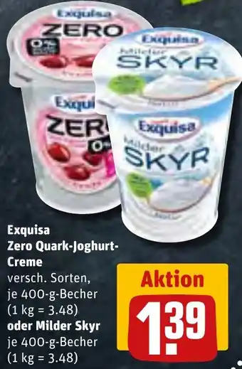 REWE Exquisa Zero Quark Joghurt Creme 400 g oder Milder Skyr 400 g Becher Angebot