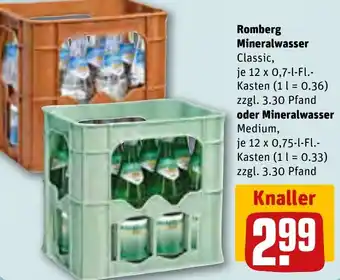 REWE Romberg Mineralwasser Classic, 12x0,7 L oder Mineralwasser Medium 12x0,75 L-Fl Kasten Angebot