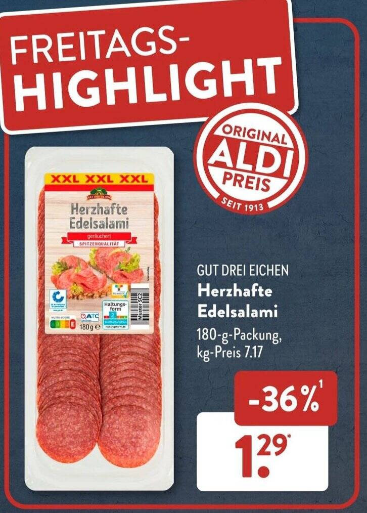 GUT DREI EICHEN Herzhafte Edelsalami 180 g Packung Angebot bei Aldi Süd