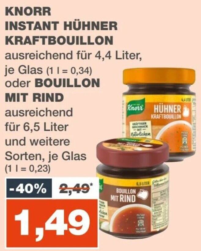 KNORR INSTANT HÜHNER KRAFTBOUILLON 4,4 Liter oder BOUILLON MIT RIND für