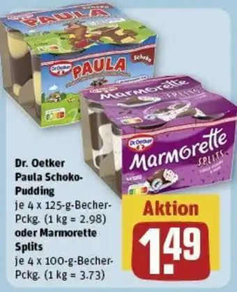 REWE Dr. Oetker Paula Schoko-Pudding  oder Marmorette Splits 4x100g Becher Angebot