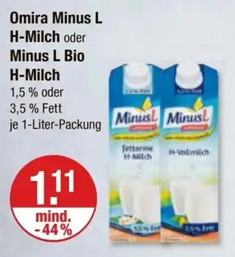 V Markt Omira Minus L H-Milch oder Minus L Bio H-Milch 1,5 % oder 3,5 % Fett je 1-Liter-Packung Angebot