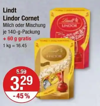 V Markt Lindt Lindor Cornet Milch oder Mischung je 140-g-Packung + 60 g gratis Angebot