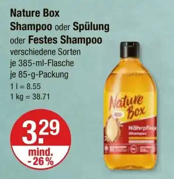 V Markt Nature Box Shampoo oder Spülung oder Festes Shampoo verschiedene Sorten je 385-ml-Flasche je 85-g-Packung Angebot