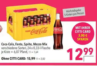 CITTI Markt Coca-Cola, Fanta, Sprite, Mezzo Mix verschiedene Sorten, 24 x 0,33-1-Flasche je Kiste Angebot