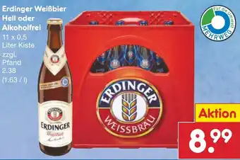 Netto Marken-Discount Erdinger Weißbier Hell oder Alkoholfrei 11x0,5 Liter Kiste Angebot