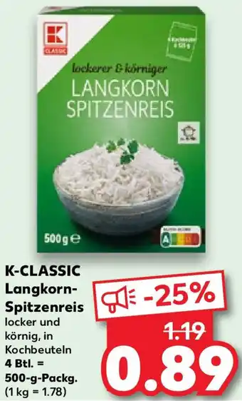 Kaufland K-CLASSIC Langkorn-Spitzenreis 500 g Packg. Angebot