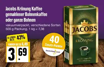 Edeka Frischemarkt Jacobs Krönung Kaffee gemahlener Bohnenkaffee oder ganze Bohnen 500g Angebot