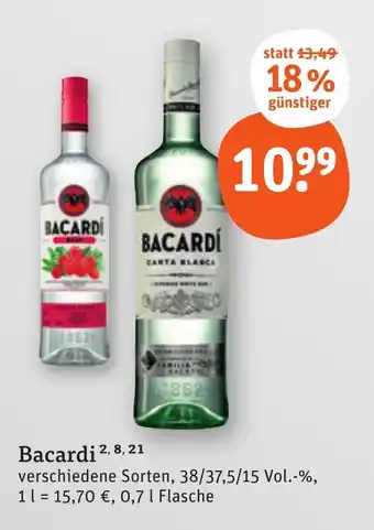 tegut Bacardi verschiedene Sorten, 38/37,5/15 Vol.-%, 0,7 l Flasche Angebot