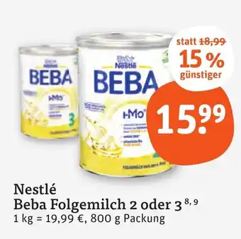 tegut Nestlé Beba Folgemilch 2 oder 3,  800 g Packung Angebot