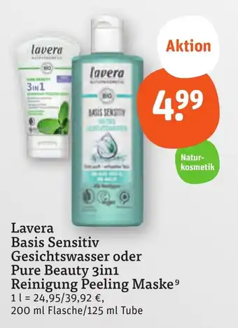 tegut Lavera Basis Sensitiv Gesichtswasser oder Pure Beauty 3in1 Reinigung Peeling Maske 200 ml Flasche/125 ml Tube Angebot