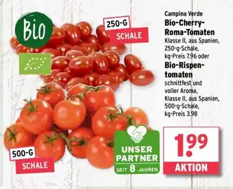 Wasgau Campina Verde Bio-Cherry-Roma-Tomaten Klasse II, aus Spanien, 250-g-Schale oder Bio-Rispentomaten 500-g-Schale, Angebot