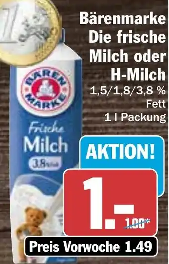 Hit Bärenmarke Die frische Milch oder H-Milch 1 L Packung Angebot