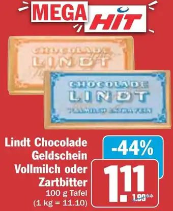 Hit Lindt Chocolade Geldschein Vollmilch oder Zartbitter 100 g Tafel Angebot