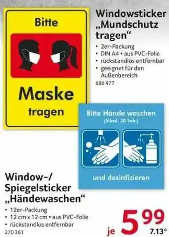 Selgros Window- Oder Spiegelsticker „händewaschen” Oder Windowsticker „mundschutz Tragen” Angebot