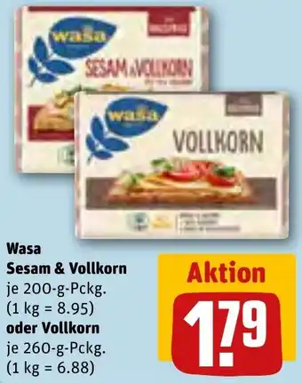 REWE Wasa Sesam & Vollkorn 200 g oder Vollkorn 260 g Pckg. Angebot