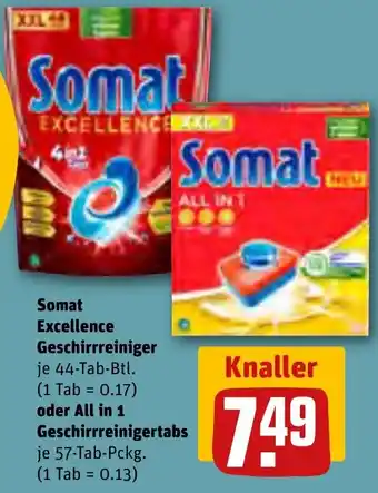 REWE Somat Excellence Geschirrreiniger 44-Tab-Btl. oder All in 1 Geschirrreinigertabs 57-Tab-Pckg. Angebot