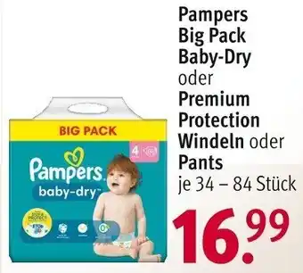 Rossmann Pampers Big Pack Baby-Dry oder Premium Protection Windeln oder Pants 34 - 84 Stück Angebot