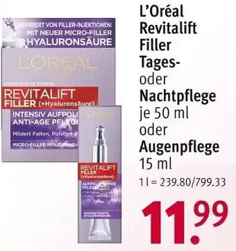 Rossmann L'Oréal Revitalift Filler Tages oder Nachtpflege 50 ml oder Augenpflege 15 ml Angebot