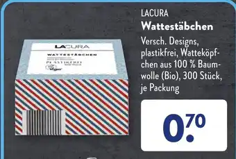 Aldi Süd LACURA Wattestäbchen Versch. Designs, plastikfrei, Watteköpfchen aus 100 % Baumwolle (Bio), 300 Stück, je Packung Angebot