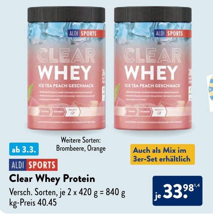 ALDI SPORTS Clear Whey Protein Versch. Sorten, je 2 x 420 g, 840 g