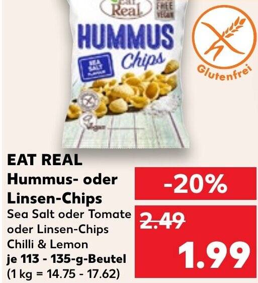 EAT REAL Hummus oder LinsenChips 113135 g Beutel Angebot bei Kaufland