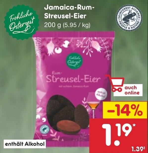 Fröhliche Osterzeit JamaicaRum Streusel Eier 200 g Angebot bei Netto